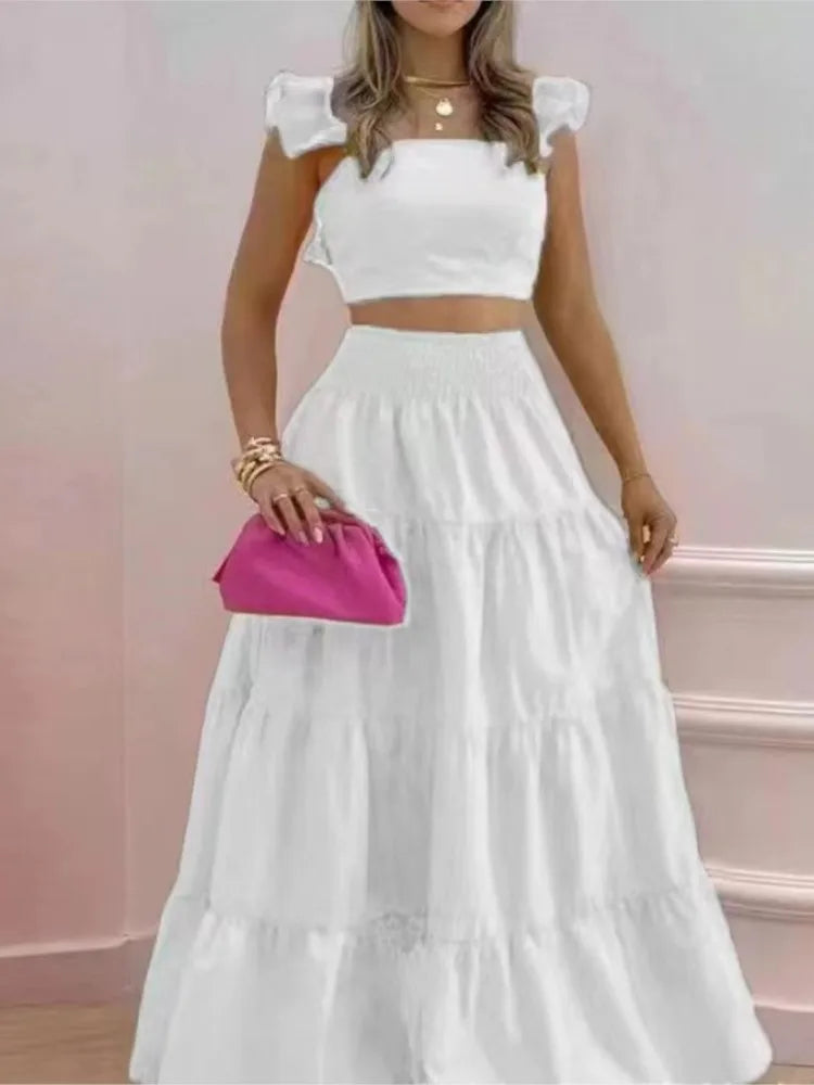 Chic Solid 2-Piece Set – Flowy Top & Maxi Dress for Women