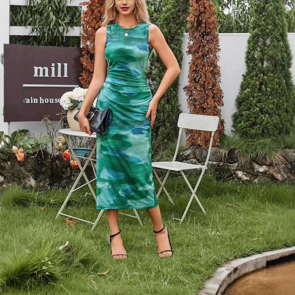 Elegant Sleeveless Marble Midi Dress – Multiple Colors Available