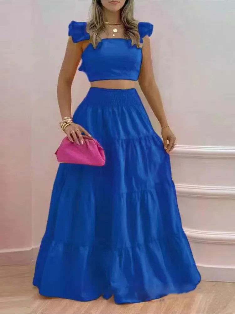 Chic Solid 2-Piece Set – Flowy Top & Maxi Dress for Women